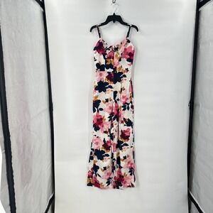 Boho Romantic Floral‎ Wide Leg Jumpsuit Small Tall Linen Blend Smocked Back
